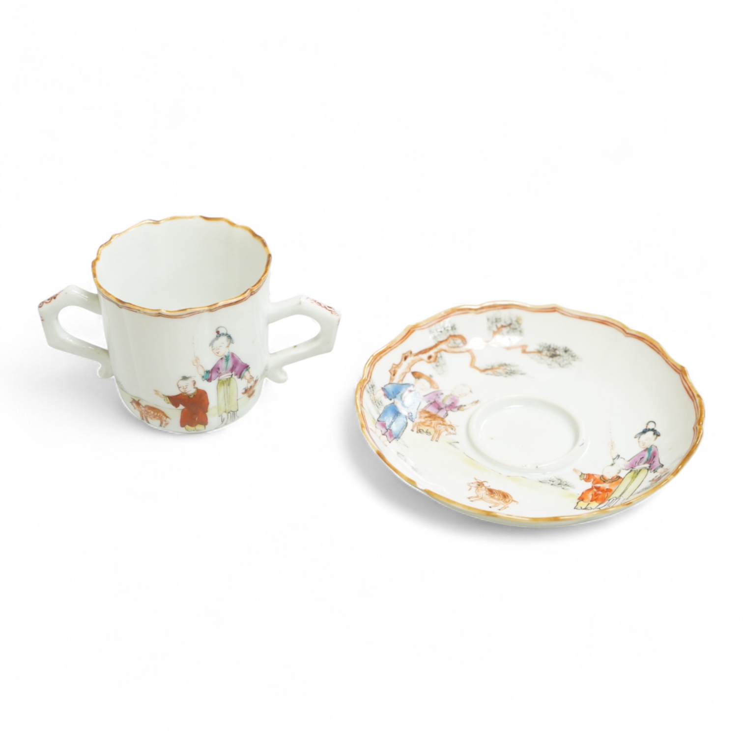 A Chinese export famille rose chocolate cup and trembleuse saucer, Qianlong period, saucer 13cm in diameter